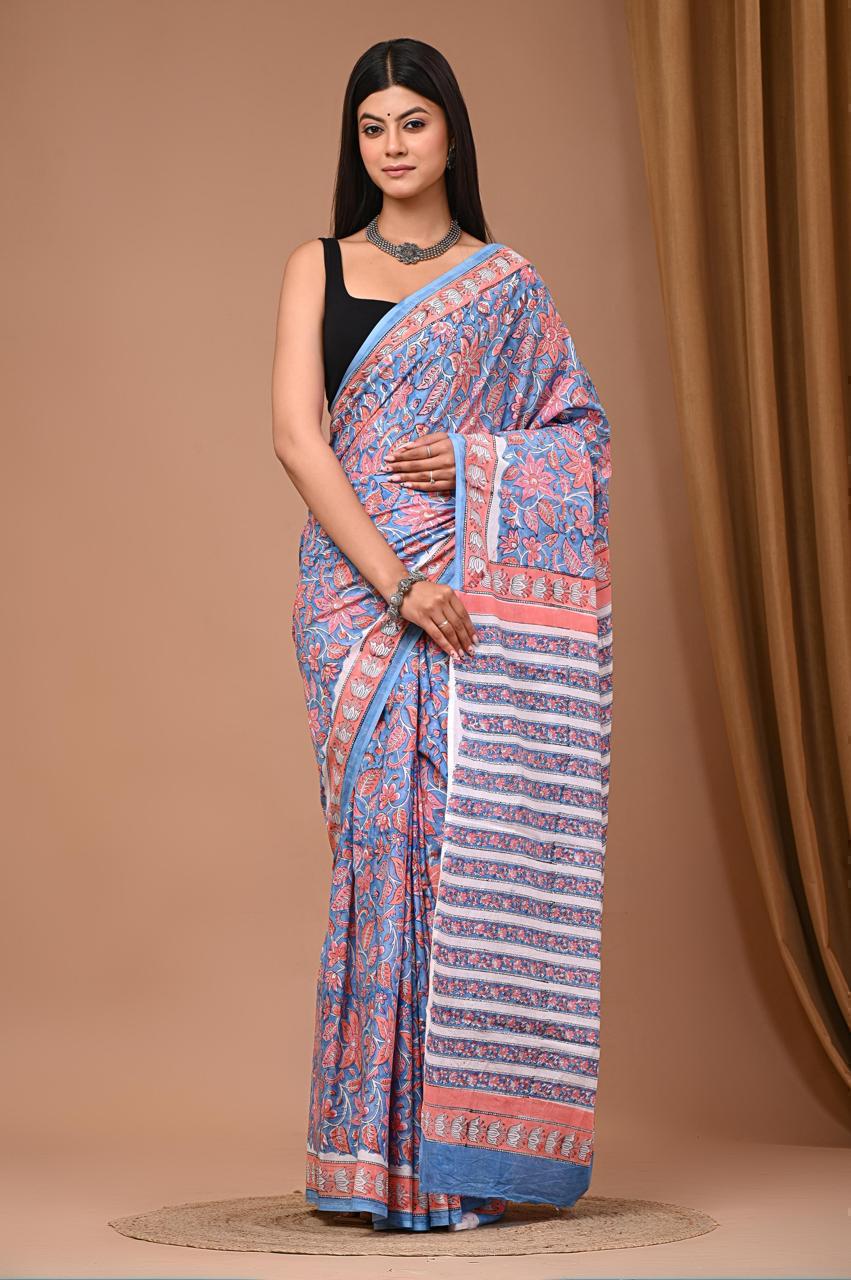 Traditional Authentic Hand Block Printed Pure Organic Cotton Sarees With matching Blouse