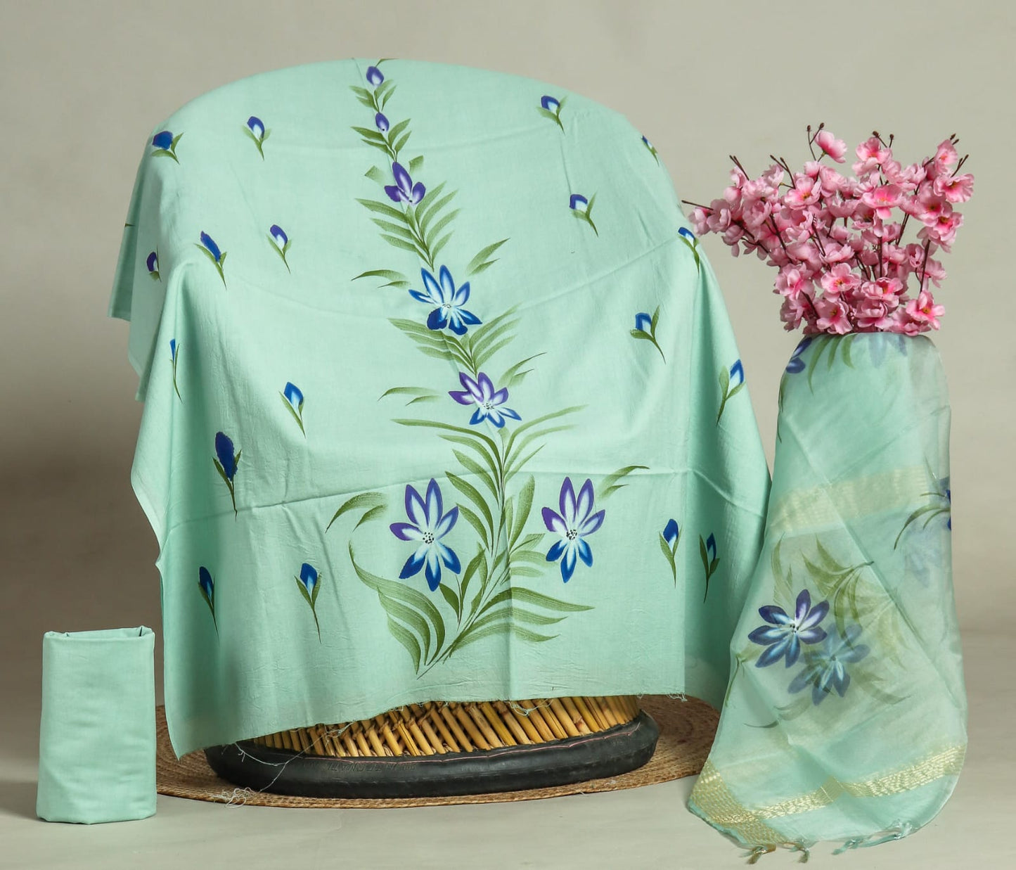 Elegant Hand Block Printed Cotton Suit With Organza Dupatta