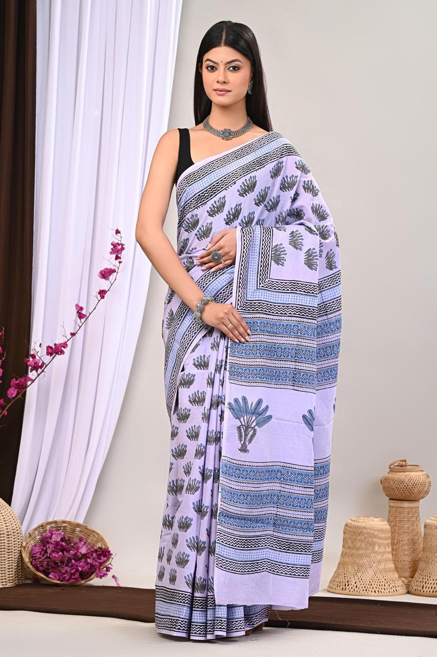 Traditional Authentic Hand Block Printed Pure Organic Cotton Sarees With matching Blouse