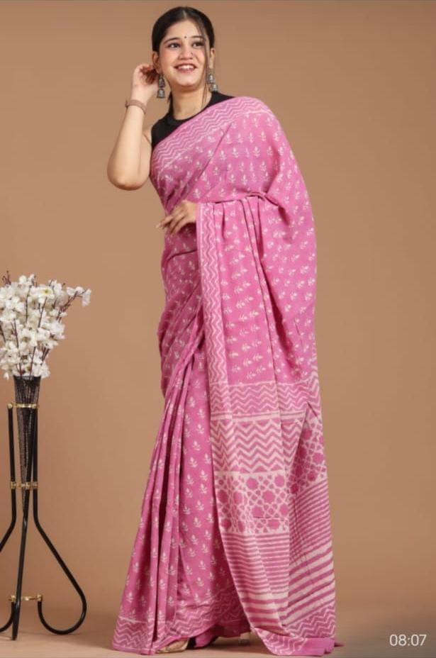 Traditional Authentic Hand Block Printed Pure Organic Cotton Sarees With matching Blouse