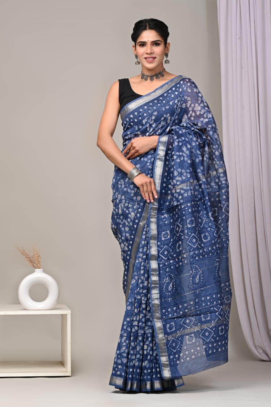 New Designer Hand Block Print Maheshwari Silk Saree