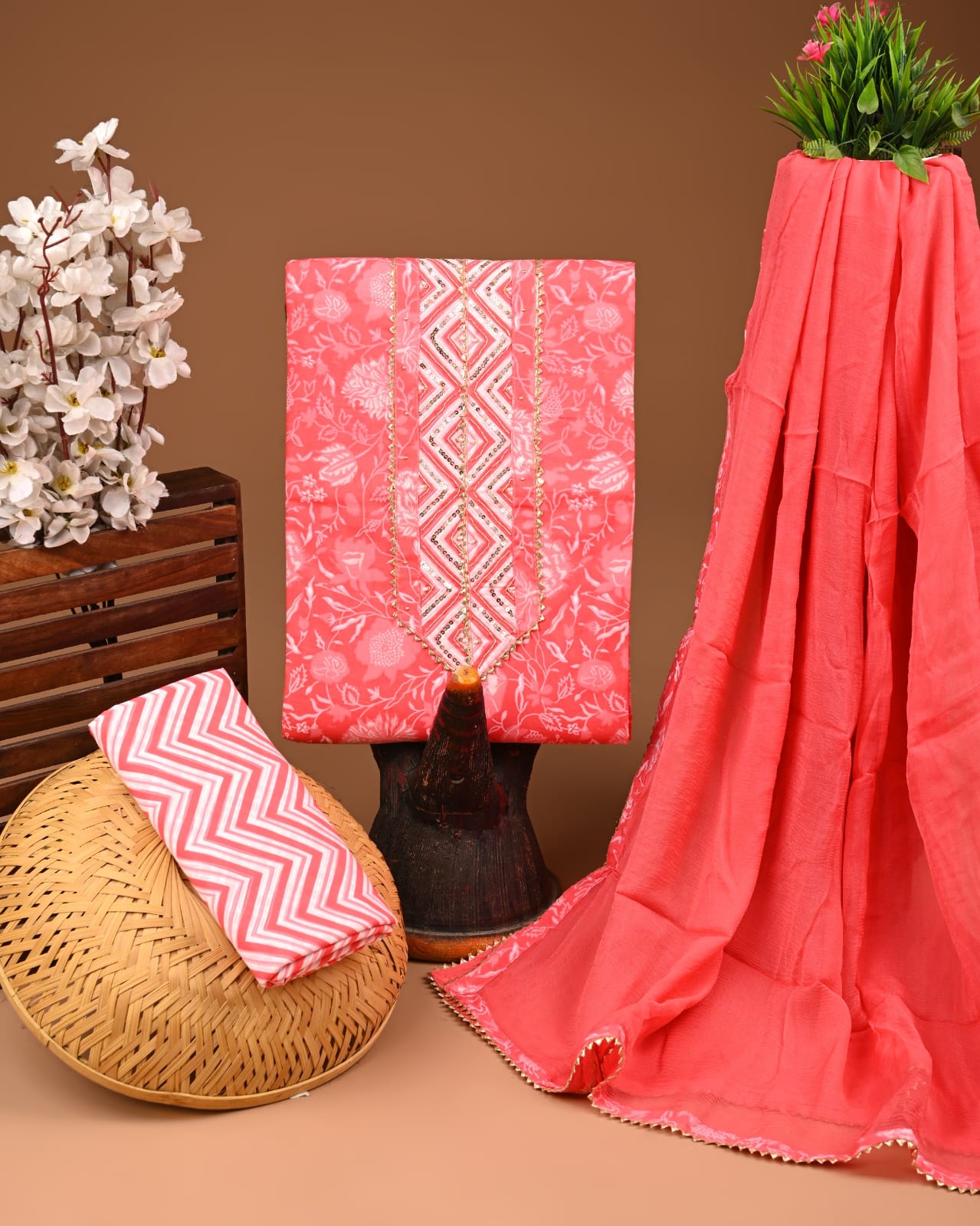 PREMIUM GOTA PATTI COTTON SUIT SET WITH CHIFFON DUPATTA