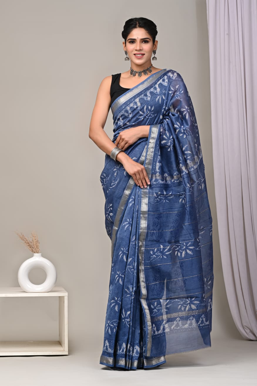 New Designer Hand Block Print Maheshwari Silk Saree
