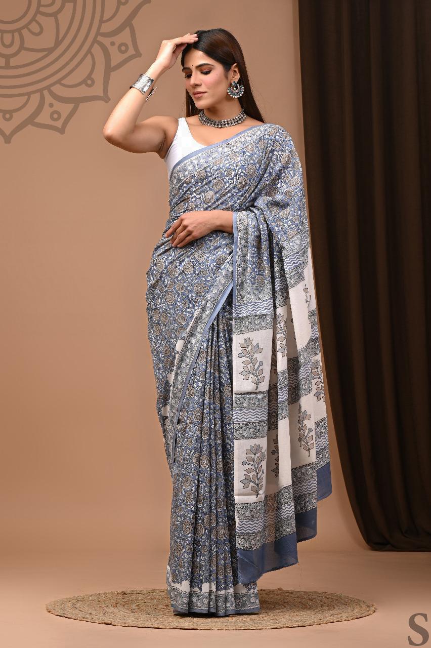 Traditional Authentic Hand Block Printed Pure Organic Cotton Sarees With matching Blouse