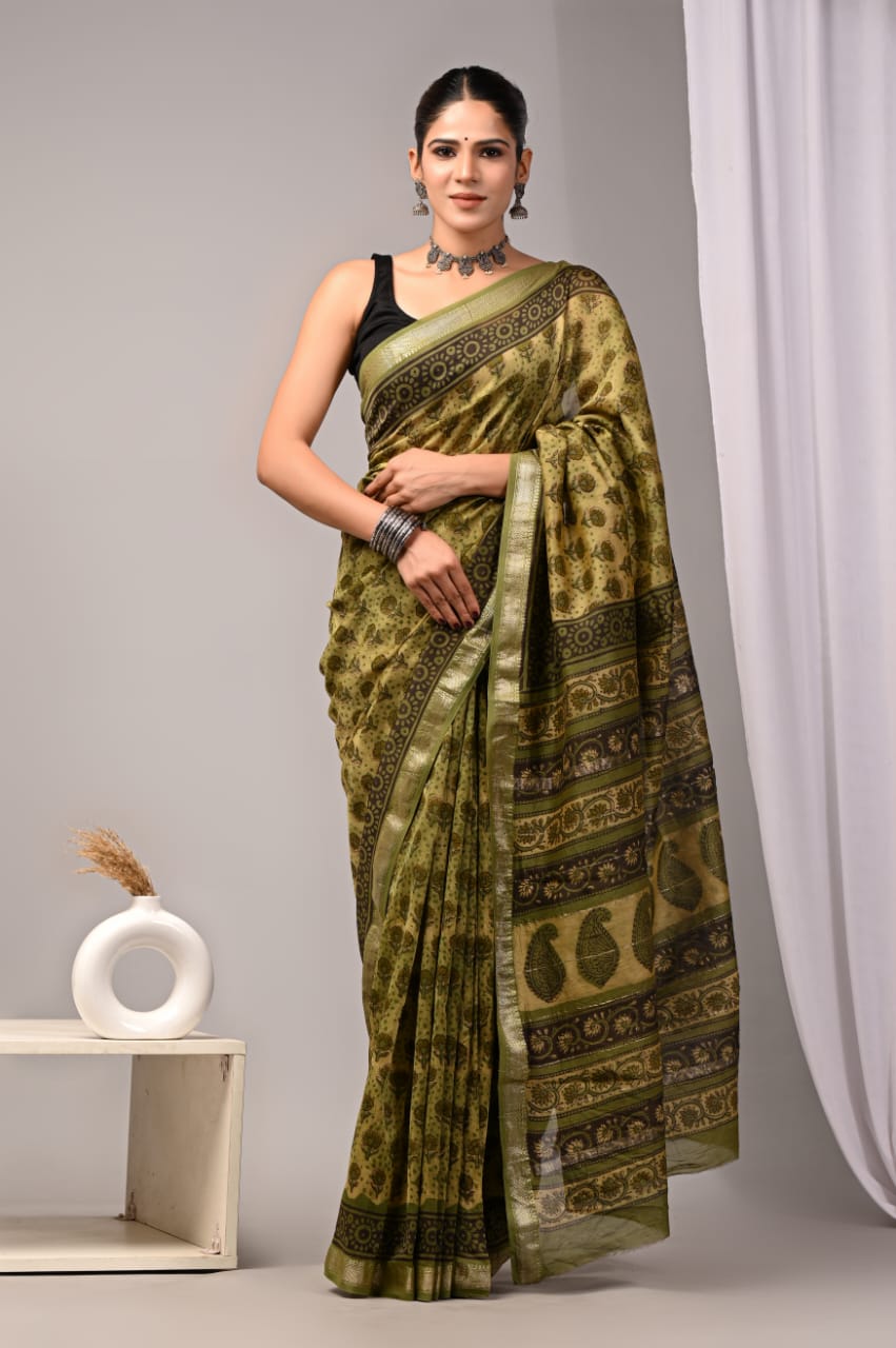 New Designer Hand Block Print Maheshwari Silk Saree