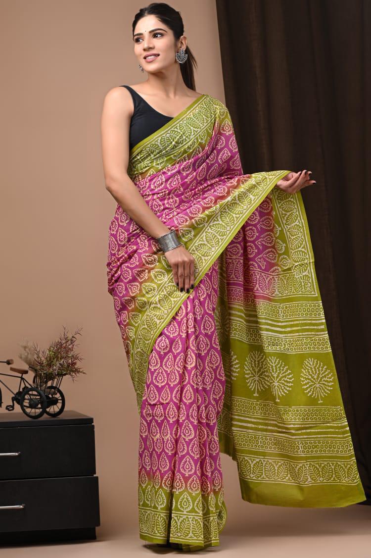 Traditional Authentic Hand Block Printed Pure Organic Cotton Sarees With matching Blouse