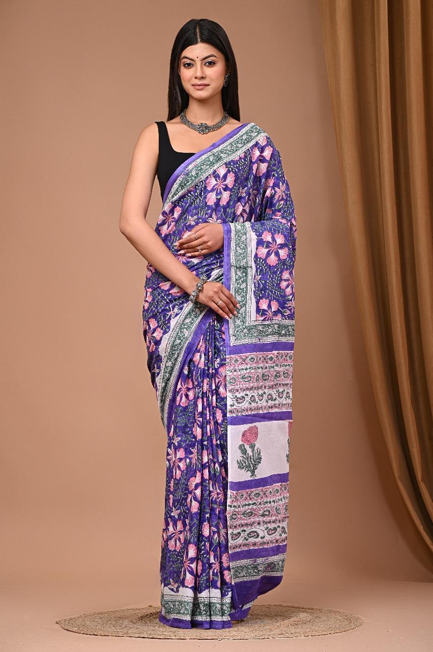 Traditional Authentic Hand Block Printed Pure Organic Cotton Sarees With matching Blouse