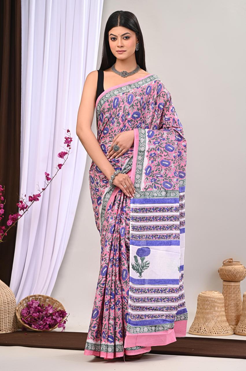 Traditional Authentic Hand Block Printed Pure Organic Cotton Sarees With matching Blouse
