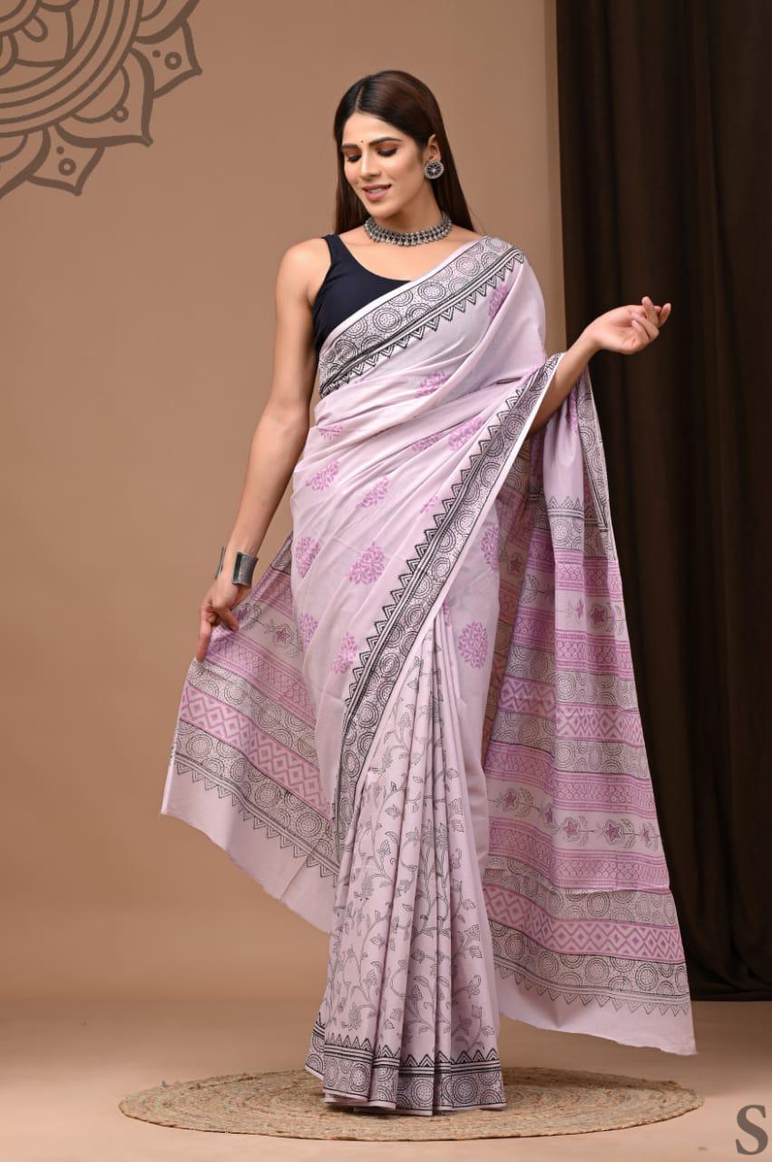 Traditional Authentic Hand Block Printed Pure Organic Cotton Sarees With matching Blouse