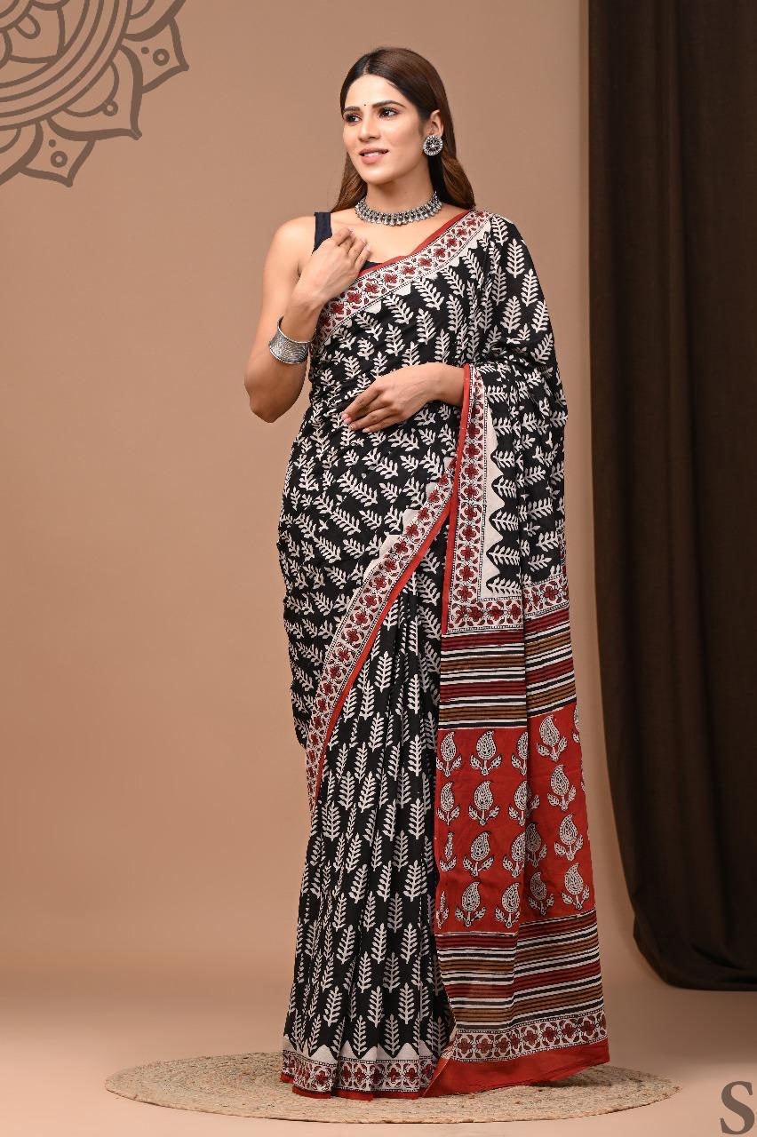 Traditional Authentic Hand Block Printed Pure Organic Cotton Sarees With matching Blouse
