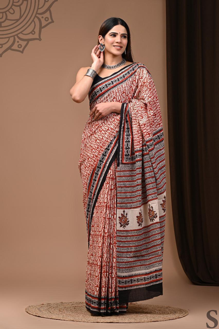 Traditional Authentic Hand Block Printed Pure Organic Cotton Sarees With matching Blouse