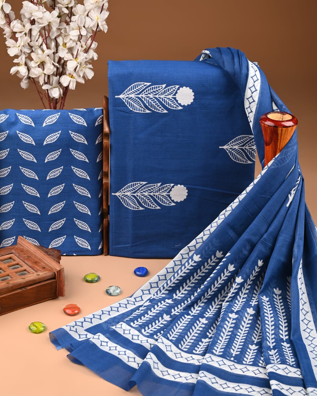 Blue Hand Block Cotton Suit with Cotton Dupatta – MyRaika