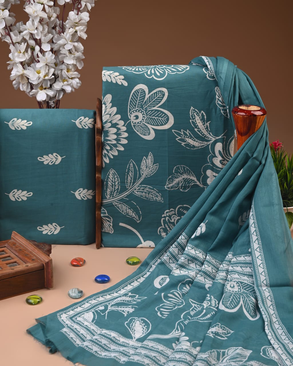 Turquoise Hand Block Cotton Suit with Cotton Dupatta – MyRaika