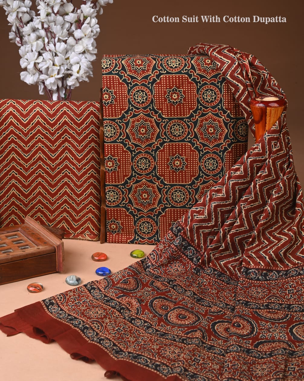 "Exclusive Hand Block Cotton Suit Set with Cotton Dupatta – Traditional Ethnic Wear by MyRaika"