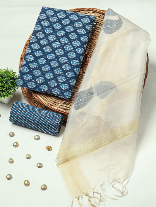 Elegant Hand Block Printed Cotton Suit With Organza Dupatta