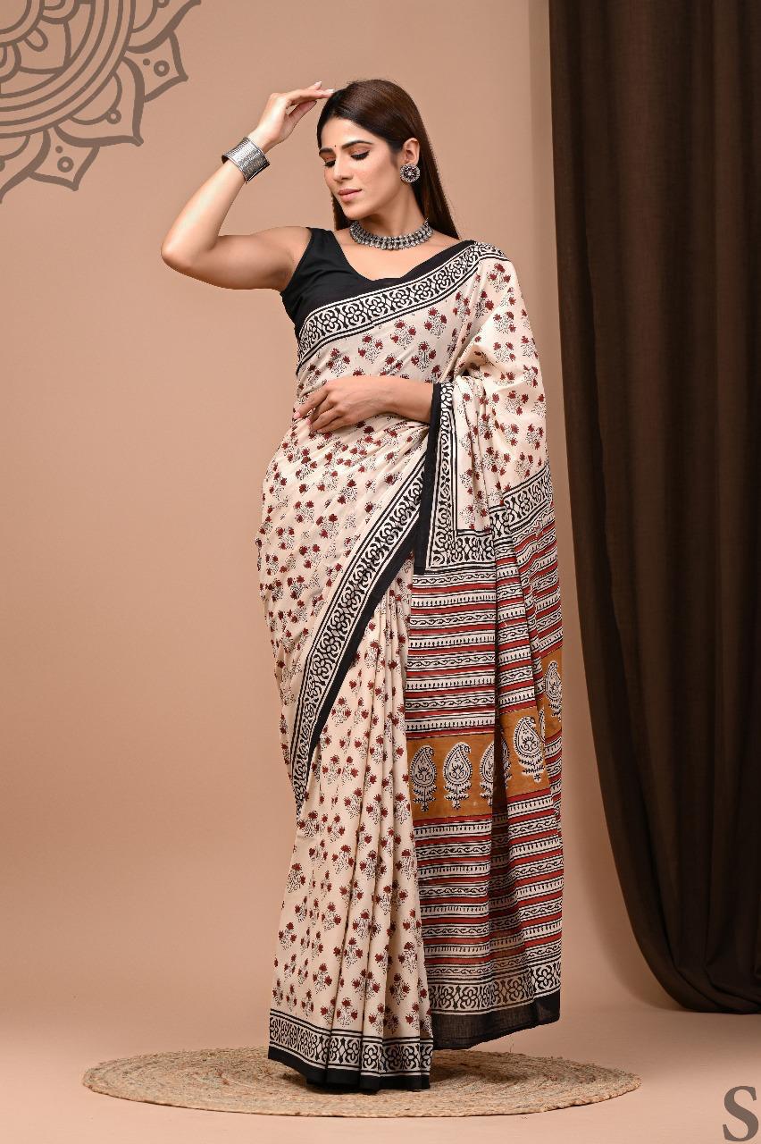 Traditional Authentic Hand Block Printed Pure Organic Cotton Sarees With matching Blouse