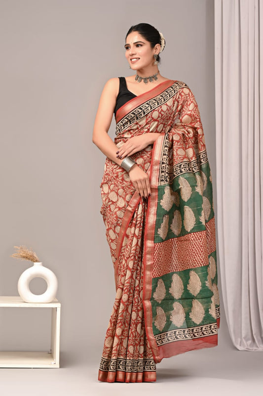 New Designer Hand Block Print Maheshwari Silk Saree