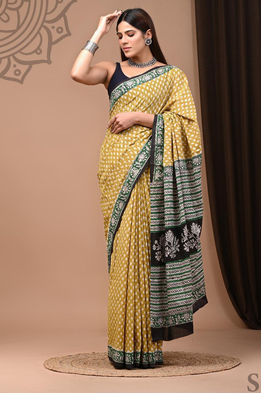 Traditional Authentic Hand Block Printed Pure Organic Cotton Sarees With matching Blouse