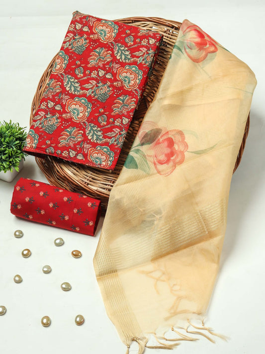 Elegant Hand Block Printed Cotton Suit With Organza Dupatta