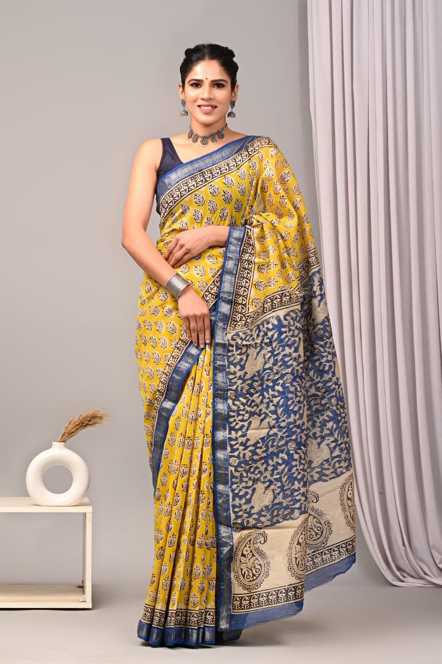 New Designer Hand Block Print Maheshwari Silk Saree
