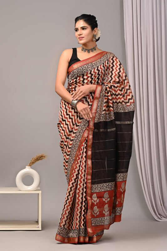 New Designer Hand Block Print Maheshwari Silk Saree