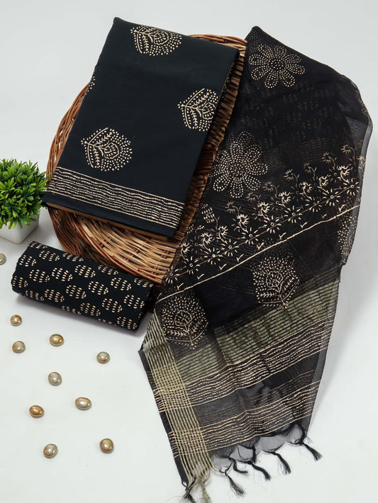 Elegant Hand Block Printed Cotton Suit With Organza Dupatta