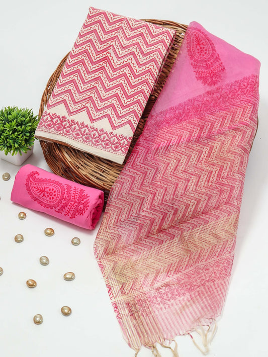 Elegant Hand Block Printed Cotton Suit With Organza Dupatta