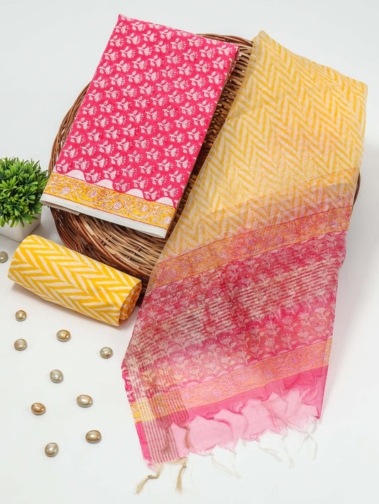 Elegant Hand Block Printed Cotton Suit With Organza Dupatta