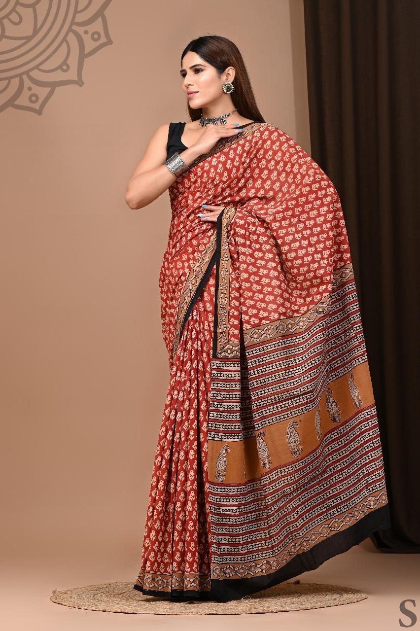 Traditional Authentic Hand Block Printed Pure Organic Cotton Sarees With matching Blouse