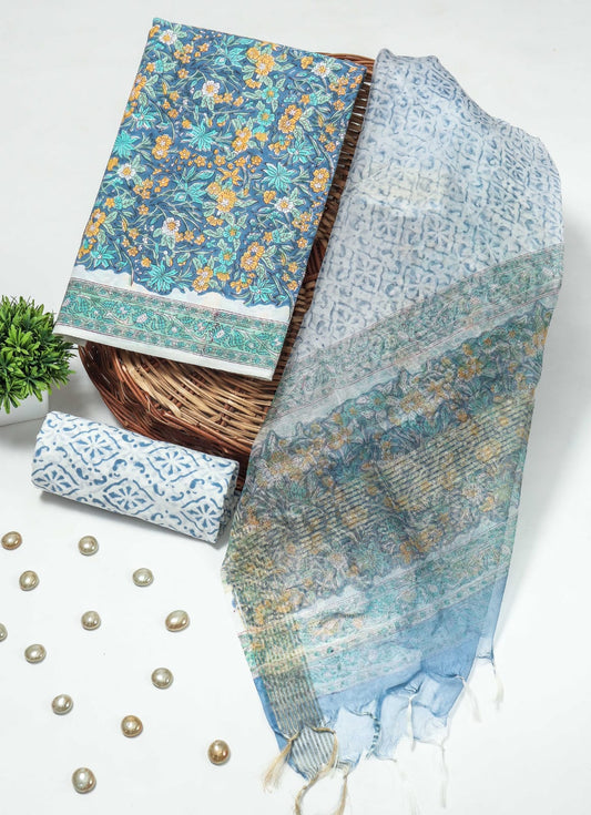 Elegant Hand Block Printed Cotton Suit With Organza Dupatta
