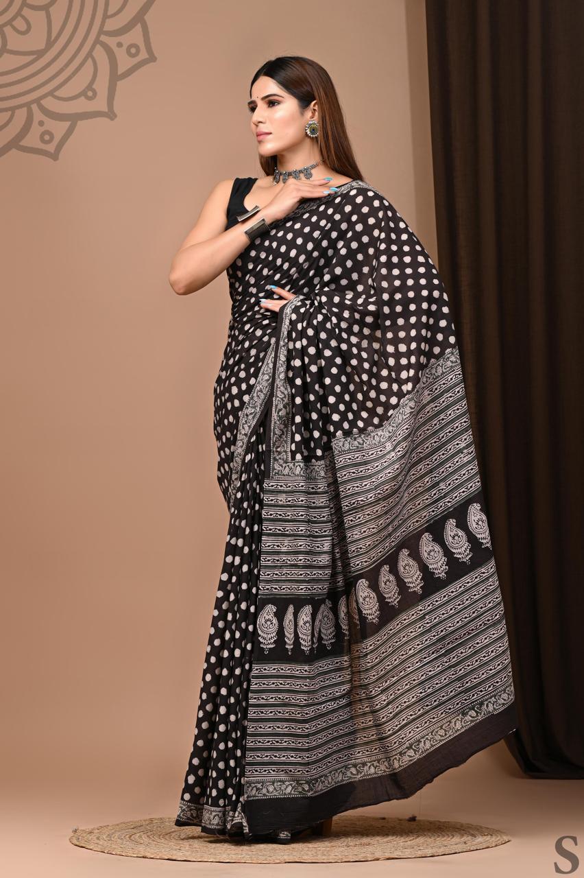 Traditional Authentic Hand Block Printed Pure Organic Cotton Sarees With matching Blouse
