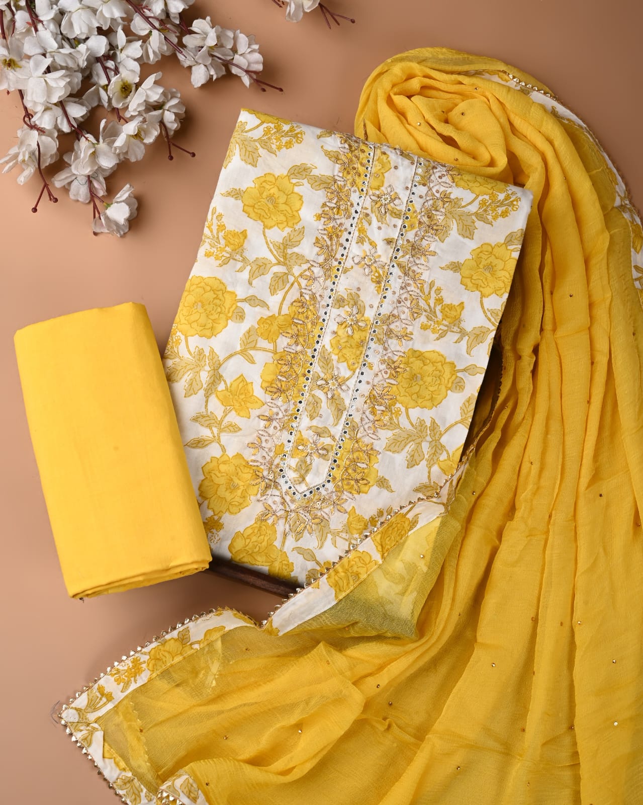 PREMIUM GOTA PATTI COTTON SUIT SET WITH CHIFFON DUPATTA