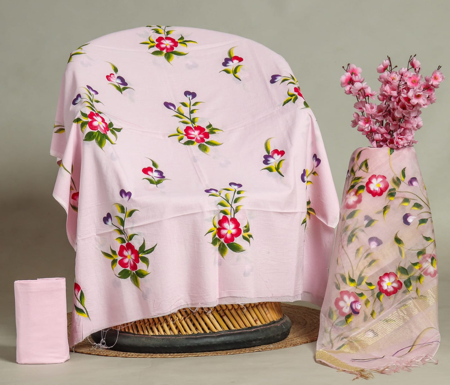 Elegant Hand Block Printed Cotton Suit With Organza Dupatta