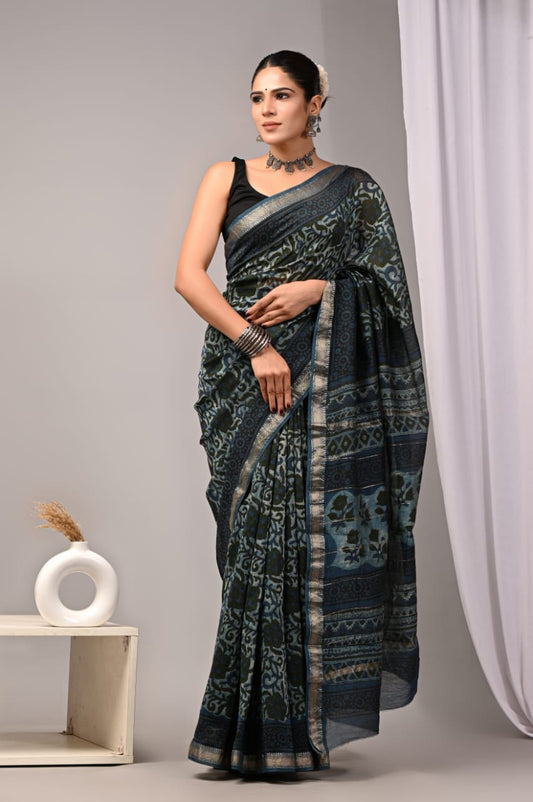 New Designer Hand Block Print Maheshwari Silk Saree