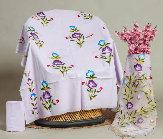 Elegant Hand Block Printed Cotton Suit With Organza Dupatta