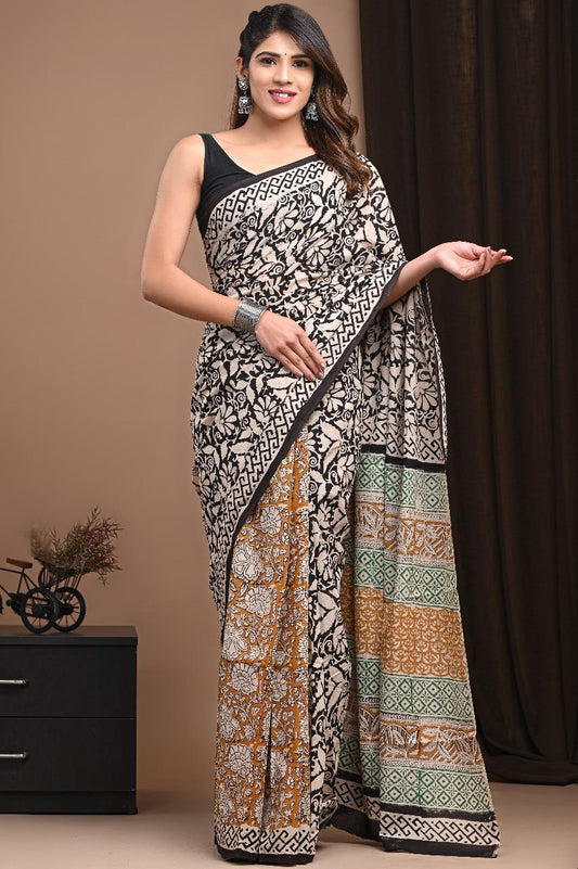 Traditional Authentic Hand Block Printed Pure Organic Cotton Sarees With matching Blouse
