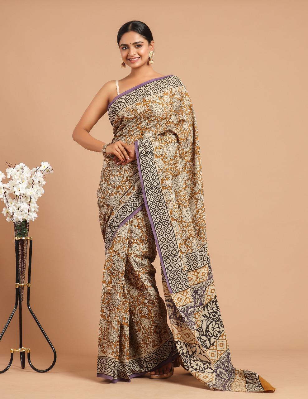 Traditional Authentic Hand Block Printed Pure Organic Cotton Sarees With matching Blouse