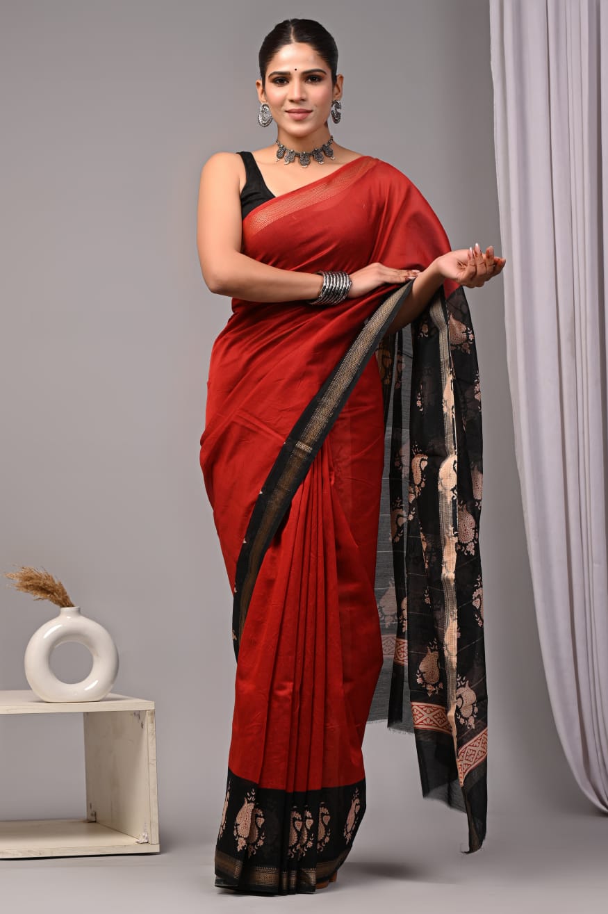 New Designer Hand Block Print Maheshwari Silk Saree