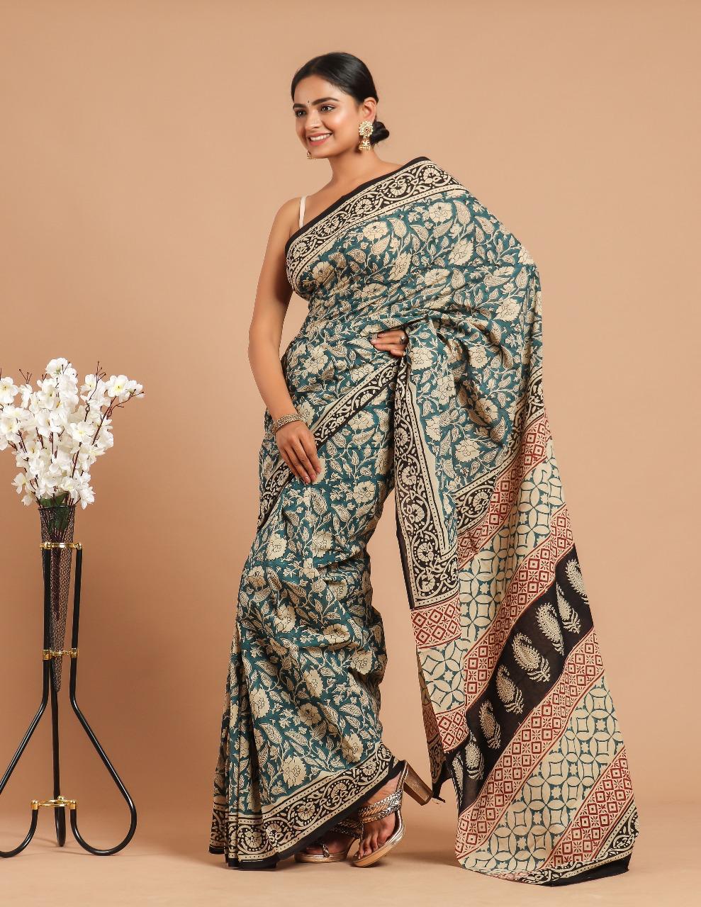 Traditional Authentic Hand Block Printed Pure Organic Cotton Sarees With matching Blouse
