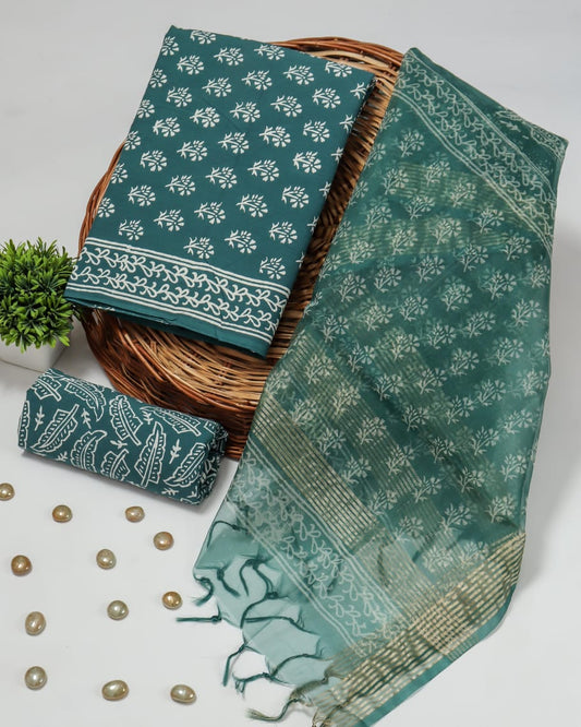 Elegant Hand Block Printed Cotton Suit With Organza Dupatta
