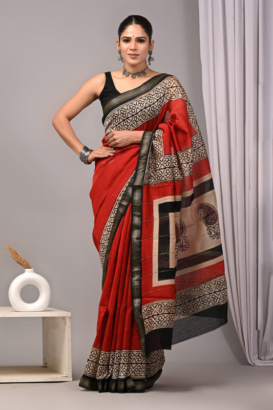 New Designer Hand Block Print Maheshwari Silk Saree