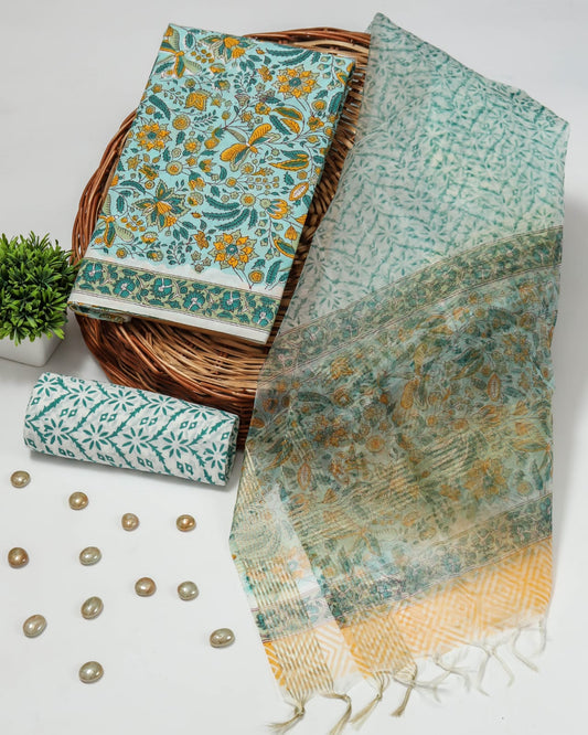 Elegant Hand Block Printed Cotton Suit With Organza Dupatta
