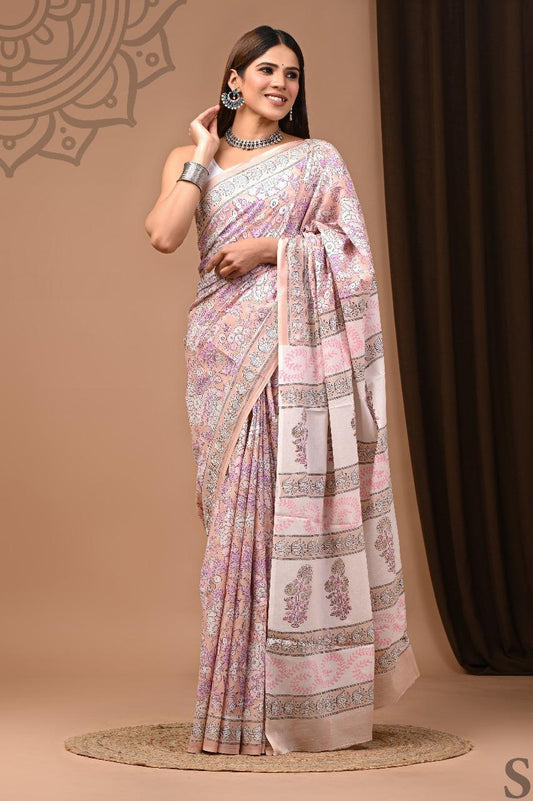 Traditional Authentic Hand Block Printed Pure Organic Cotton Sarees With matching Blouse