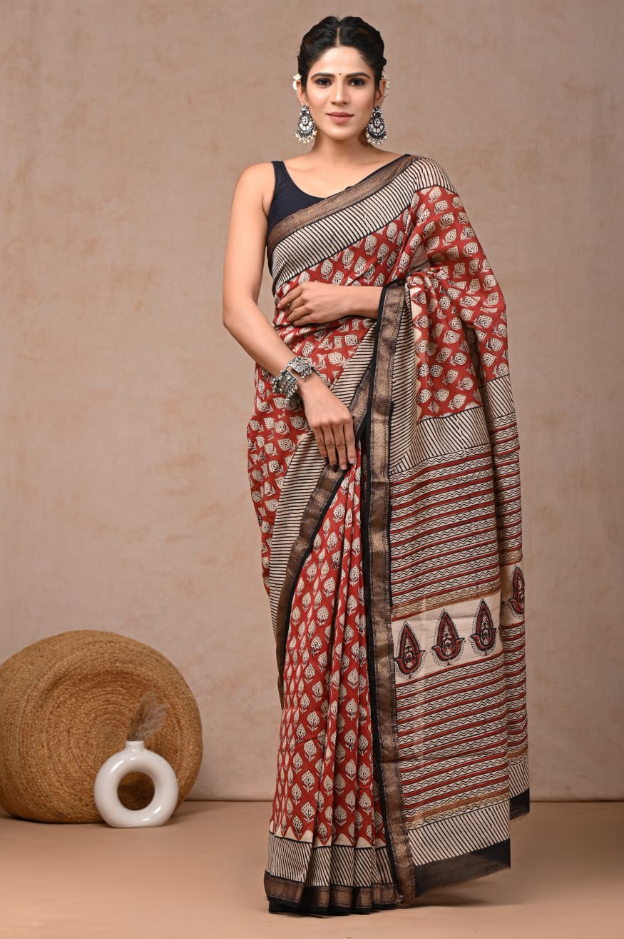 New Designer Hand Block Print Maheshwari Silk Saree