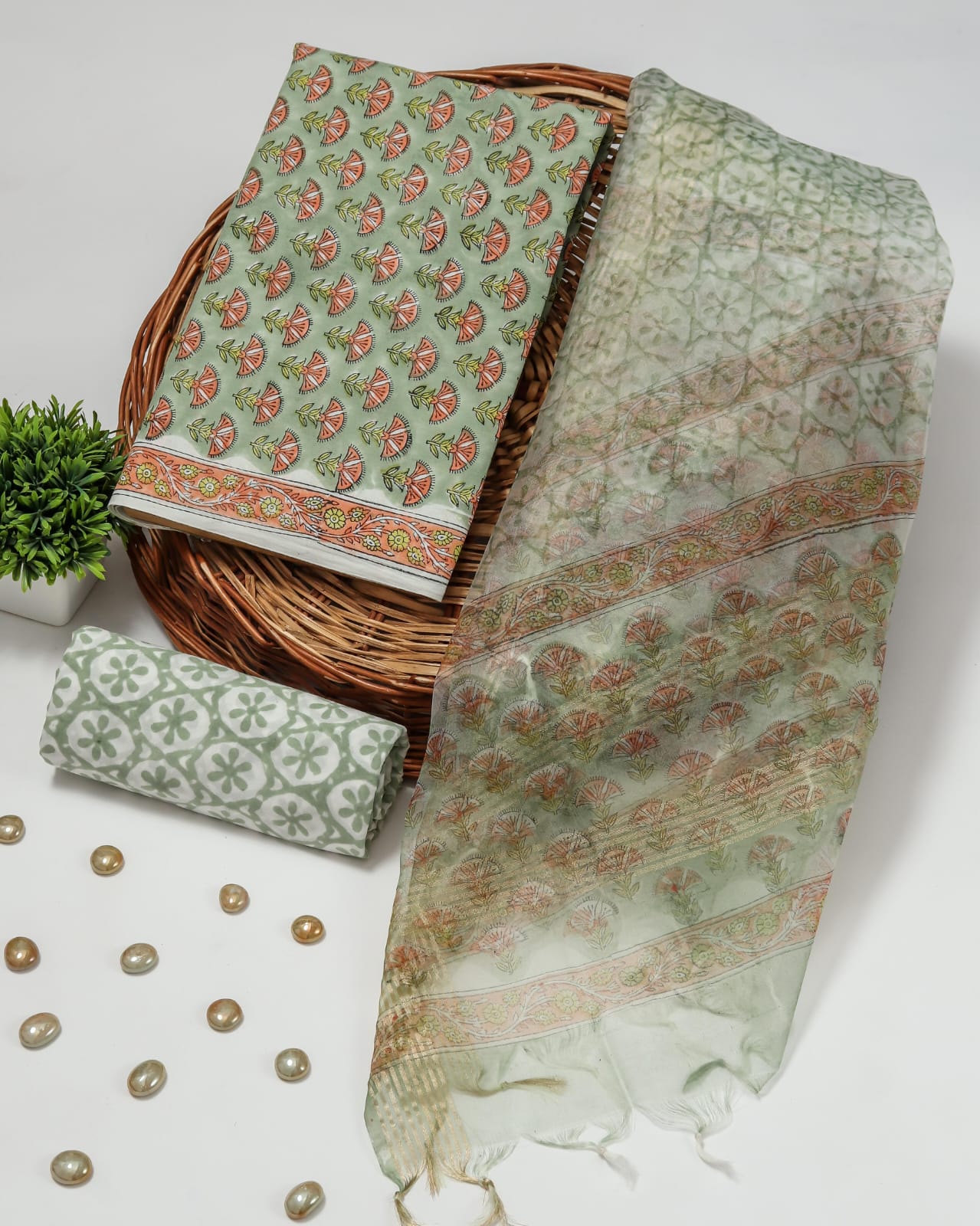 Elegant Hand Block Printed Cotton Suit With Organza Dupatta