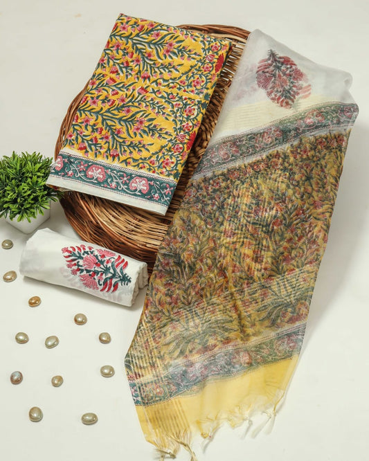 Elegant Hand Block Printed Cotton Suit With Organza Dupatta