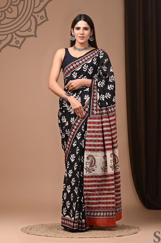 Traditional Authentic Hand Block Printed Pure Organic Cotton Sarees With matching Blouse