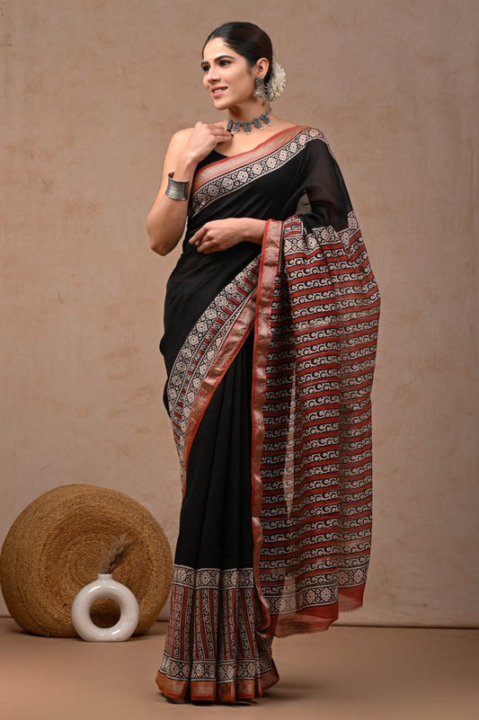 New Designer Hand Block Print Maheshwari Silk Saree