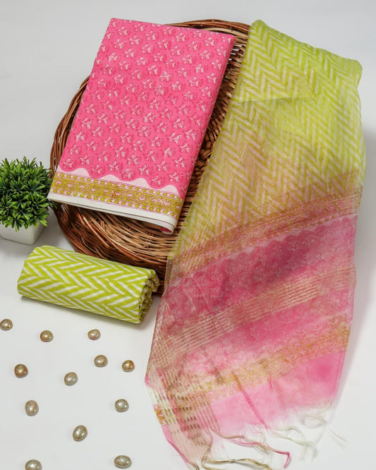 Elegant Hand Block Printed Cotton Suit With Organza Dupatta