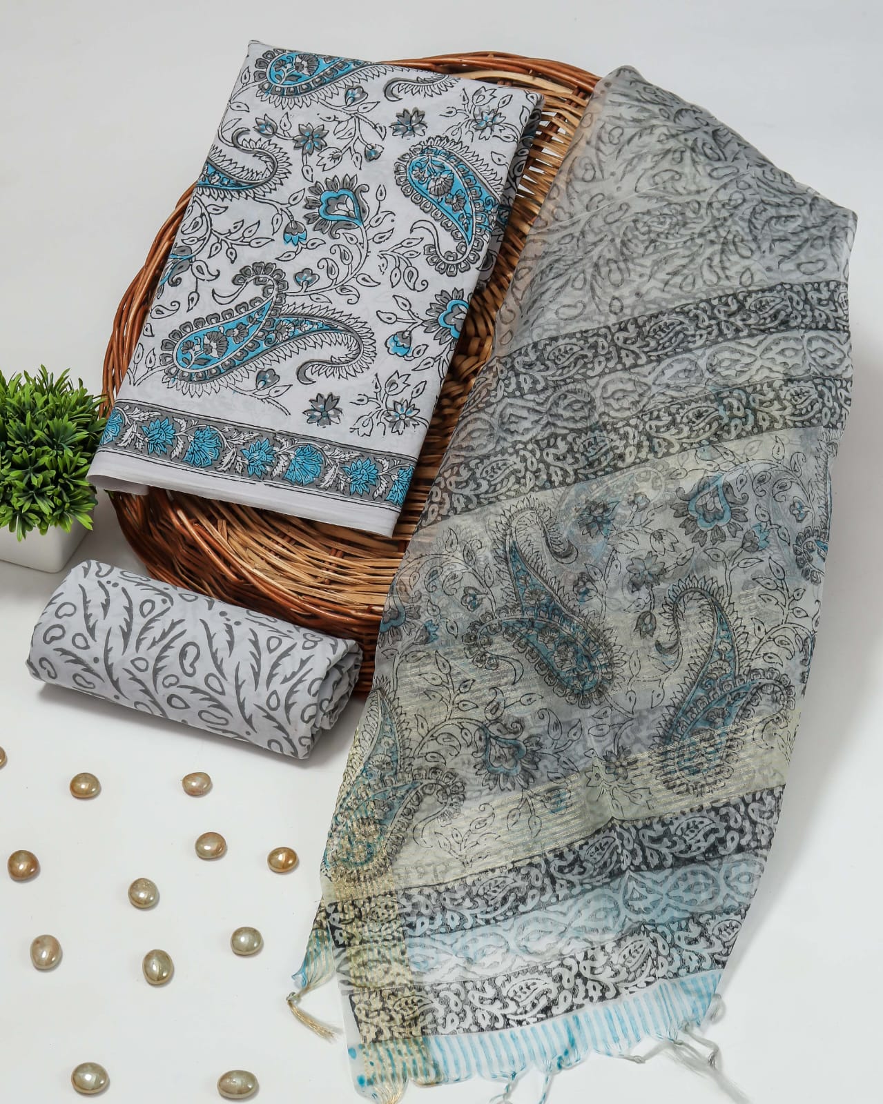 Elegant Hand Block Printed Cotton Suit With Organza Dupatta